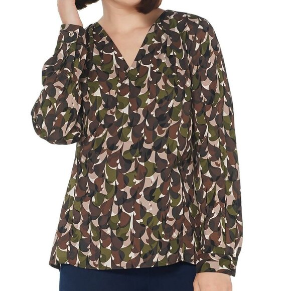 Belle by Kim Gravel Top Size Medium Olive Camo Print Blouse Long Sleeve Crossove - Picture 1 of 10